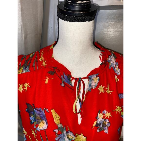 CeCe NWT $79 size Small Island Oasis Color 691 Fiery Red Lined Cap Sleeve Blouse - Picture 3 of 11